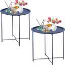 Garden 4 you End Table 2 PCS Metal Side Table Dark Blue Round Folding Tray Cyan Sofa Small Accent Fold-able Table, Round End Table Tray, Next to Sofa Table, Snack Table for Living Room and Bed Room