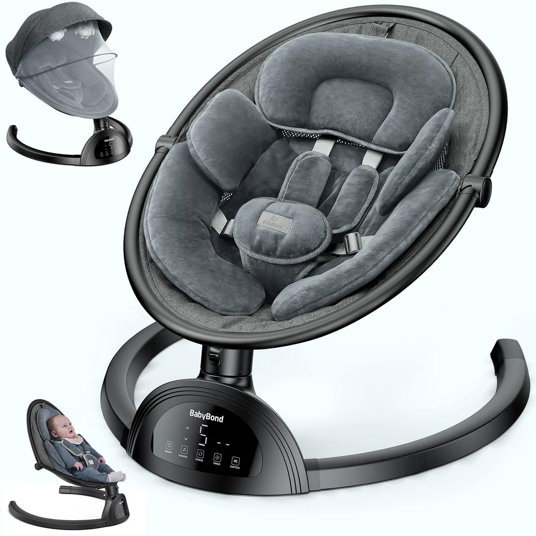 BabyBond Baby Swings for Infants, Bluetooth Infant Swing with Music Speaker, 3 Seat Positions, 5 Point Harness Belt, 5 Speeds and Remote Control - Portable Baby Swing for Indoor and Outdoor (Black)