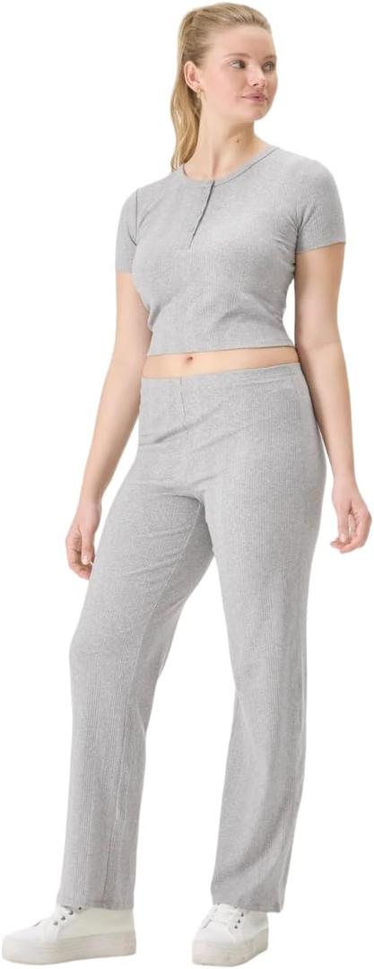 florence by mills Women's Rib Refresh Cropped Baby Tee Henley (XX-Large, Heather Grey)