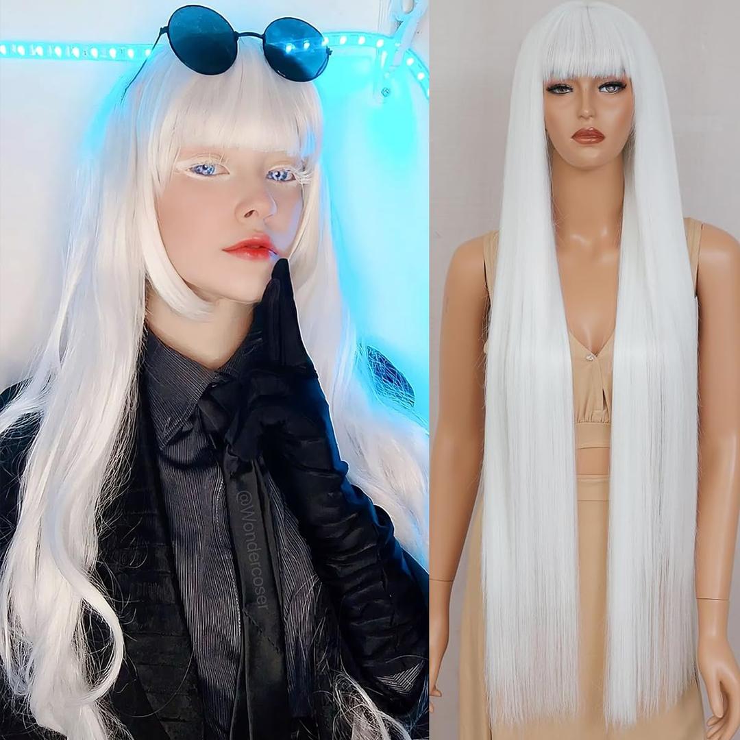 40'' Synthetic Wig with Bangs Platinum White Wig Synthetic Hair Super Long Straight Hair Heat Resistant Wigs for Women for Hollaween