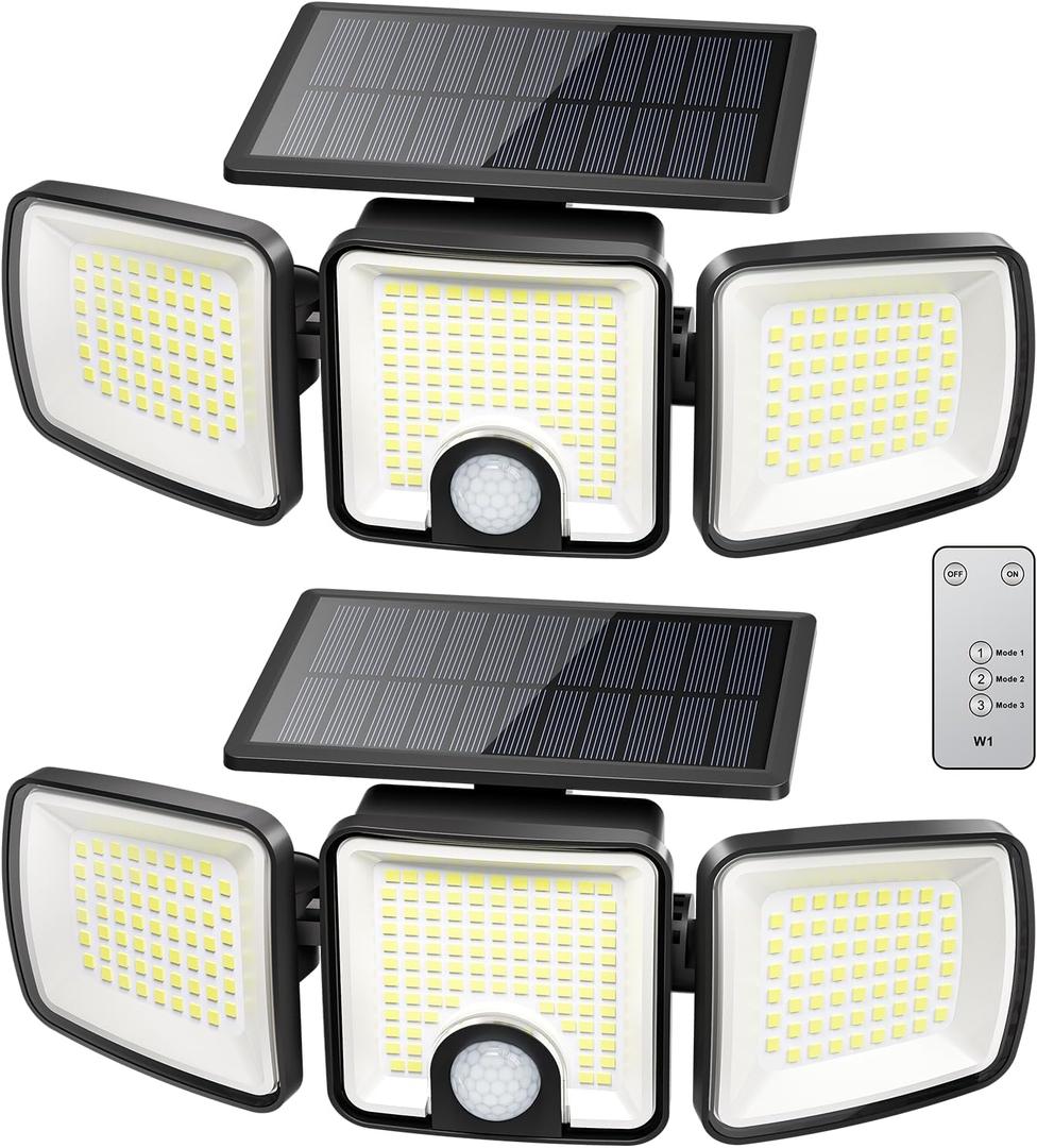 Brightown 2 Pack Solar-Security-Flood-Outdoor-Lights-with-Motion-Sensor, 223 LED 3 Head 270 Angle Street Area Security Lights with Remote, IP65 Waterproof Wall Lights with 3 Modes for Yard Outside
