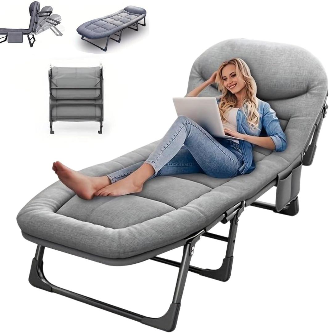 Chaise Lounge Chair, Folding Cot, 6-Angle Adjustable Camping Cot with Mattress for Patio and Beach, Foldable Bed Portable Heavy Duty Lay Flat Reclining with Pillow (Grey, M - 70")
