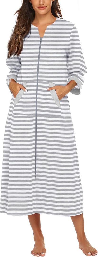 Ekouaer Women Zipper Robe 3/4 Sleeves Loungewear Dress Full Length Sleepwear Pockets Housecoat Nightgown Long Bathrobe (Medium, Grey White Stripe)