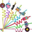 24pcs 80s Party Decorations Retro Straws Hip Hop Themed 80s Music Party Favor Swirl Straws 80s Radio Speaker Phone Tape Straw Decorations Kids Adult 80s Party Favors, 8 Color Styles