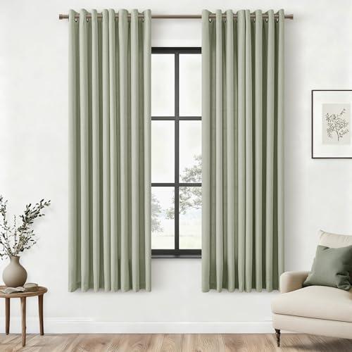 Sage Green Linen Curtains 63 Inch Length 2 Panels Set For Living Room, Bronze Grommet Semi Sheer Flax Light Filtering Boho Drapes Window Bedroom Curtains 63 Inch Long Kitchen Dining Room Light Green