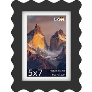 5x7 Wavy Picture Frame with Mat for 4x6, Real Glass and Wooden​ Frame - Tabletop or Wall Hanging Photo Frame(1 Pack, Black)