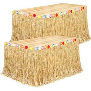 Fovths 2 Pack Luau Grass Table Skirt Natural 9 Feet x 29.5 Inch Hawaiian Table Skirt for Tropical Hawaiian Party Decorations Luau Costume Party, Straw Yellow