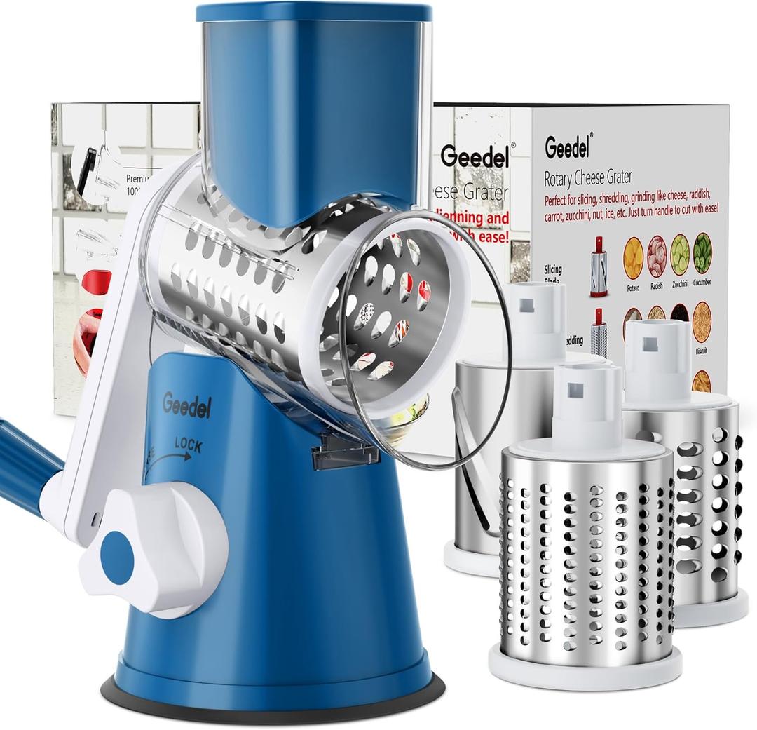 Geedel Rotary Cheese Grater, Kitchen Mandoline Vegetable Slicer with 3 Interchangeable Blades, Easy to Clean Rotary Grater Slicer for Fruit, Vegetables, Nuts (Blue)