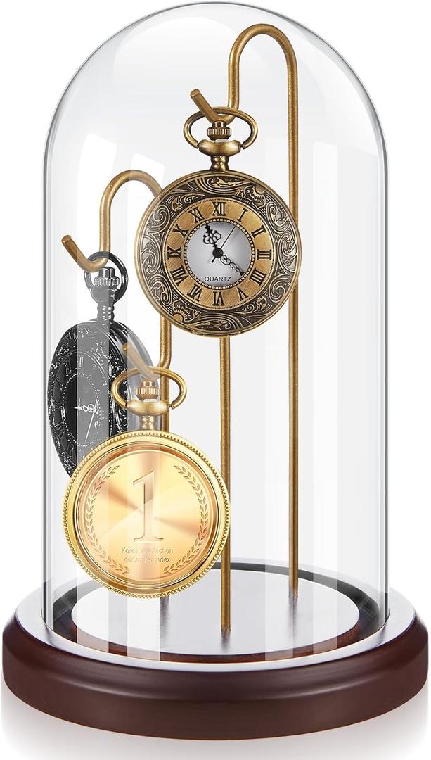 4 x 7 Inch Pocket Watch Glass Display Dome Cloche with 3 Hooks Clear Pocket Watch Display Case Stand Glass Cloche Showcase with Wood Base for Ornaments Medals Collectibles(Walnut and Gold)