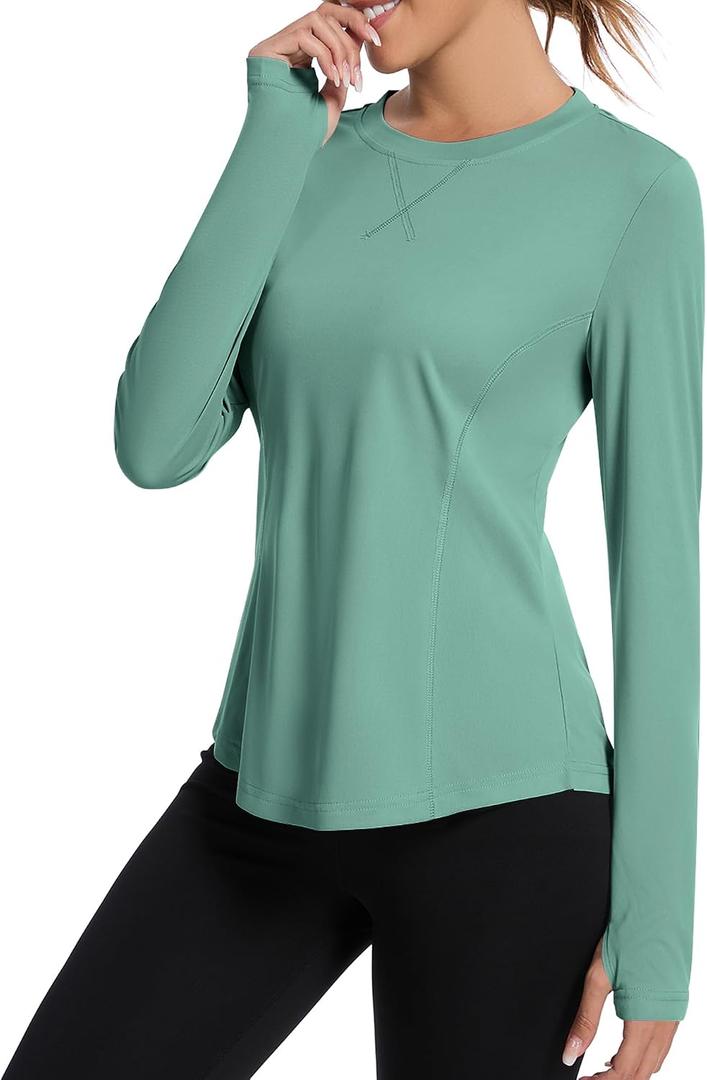 Avoogue Women UPF 80+ UV Shirts Long Sleeve with Thumb Holes Workout Sun Shirt Quick Dry Athletic Hiking Running Tops (Green, M)