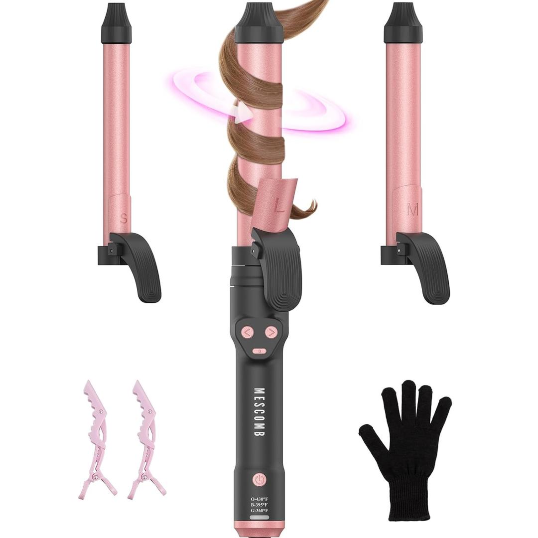 Dual Voltage Automatic Rotating Curling Iron - Meet Mutiple Curl Need, Curling Wand for All Hair Type, Home or Salon, Beginner or Stylist, Lasting All Day, No Heat Damage, 100-110V/220-240V for Travel (Blush Red)