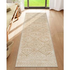 Wonnitar Washable Kitchen Runner Rug 2x6, Moroccan Runners for Hallway, Non Slip Bohemian Soft Bathroom Throw Mat Geometric Carpet Runner for Laundry Entryway Bedroom (Kakhi,2'x6')