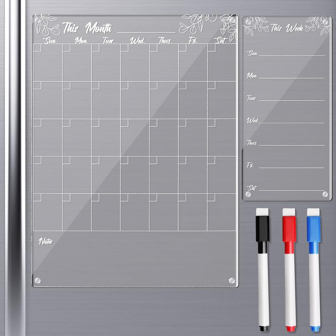 2 Pcs Magnetic Acrylic Calendar for Fridge Clear Dry Erase Monthly and Weekly Calendar Board Reusable Planner Board for Refrigerator Family Kitchen Office Includes 3 Colors Plastic Dry Erase Markers