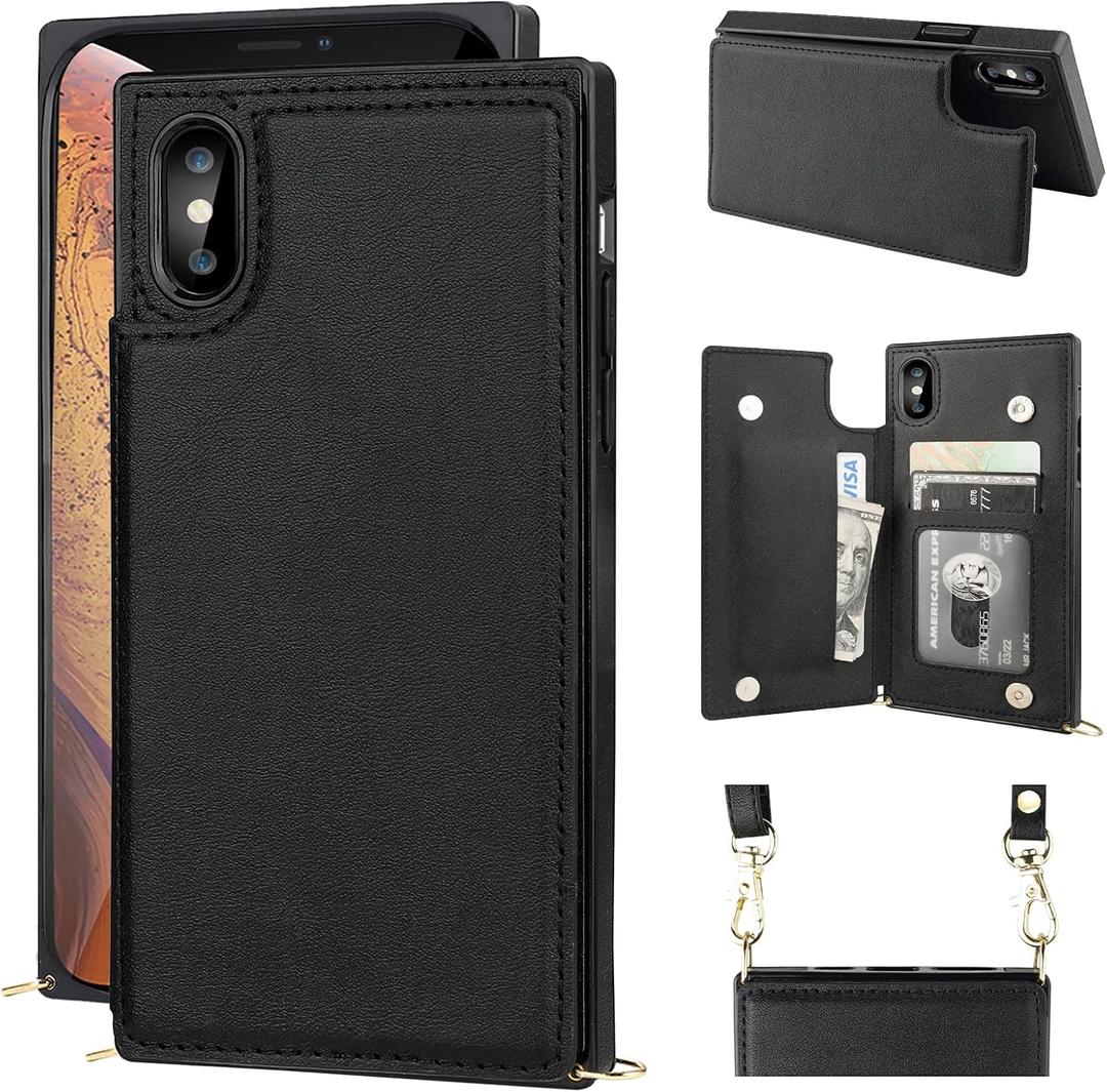 Bocasal Crossbody Wallet Case for iPhone X Xs Credit Card Holder PU Leather Kickstand Shockproof Detachable Cross Body Strap Lanyard Magnetic Closure 5.8 inch(Black)