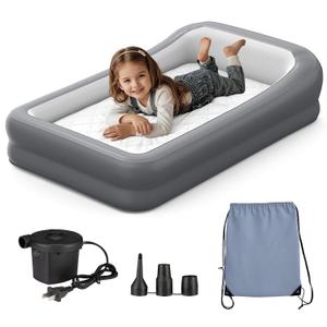 Inflatable Toddler Travel Bed, Portable Kids Air Mattress with Soft Bed Sheet, Toddler Air Mattress with Surround Safety Bumpers, Ideal for Home Use or Travel, Includes Pump and Carry Bag (Gray-White)