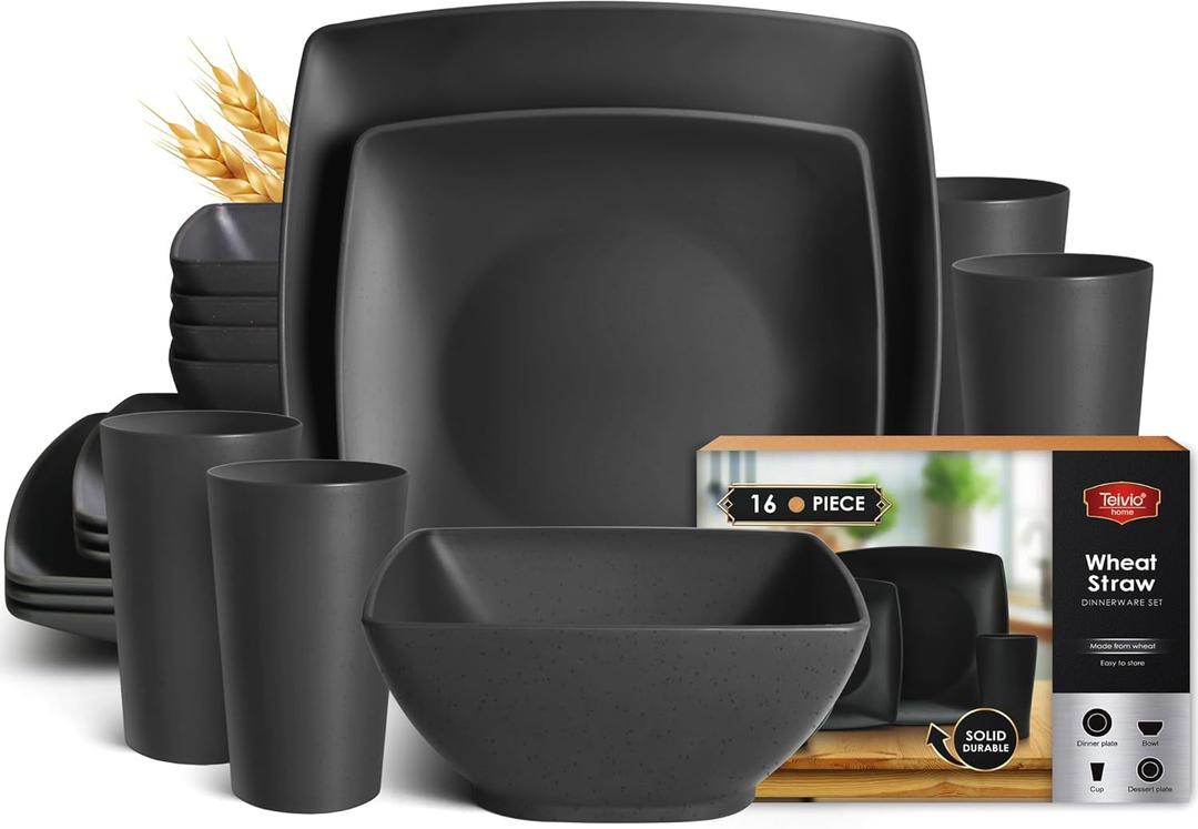 Teivio 16-piece Plastic Wheat Straw Square Dinnerware Set for 4, Unbreakable Dinner Plates, Salad Plates, Snack Bowls, Tumblers 13.5 oz, Dishwasher Safe, Kitchen Outdoor Camping,Black