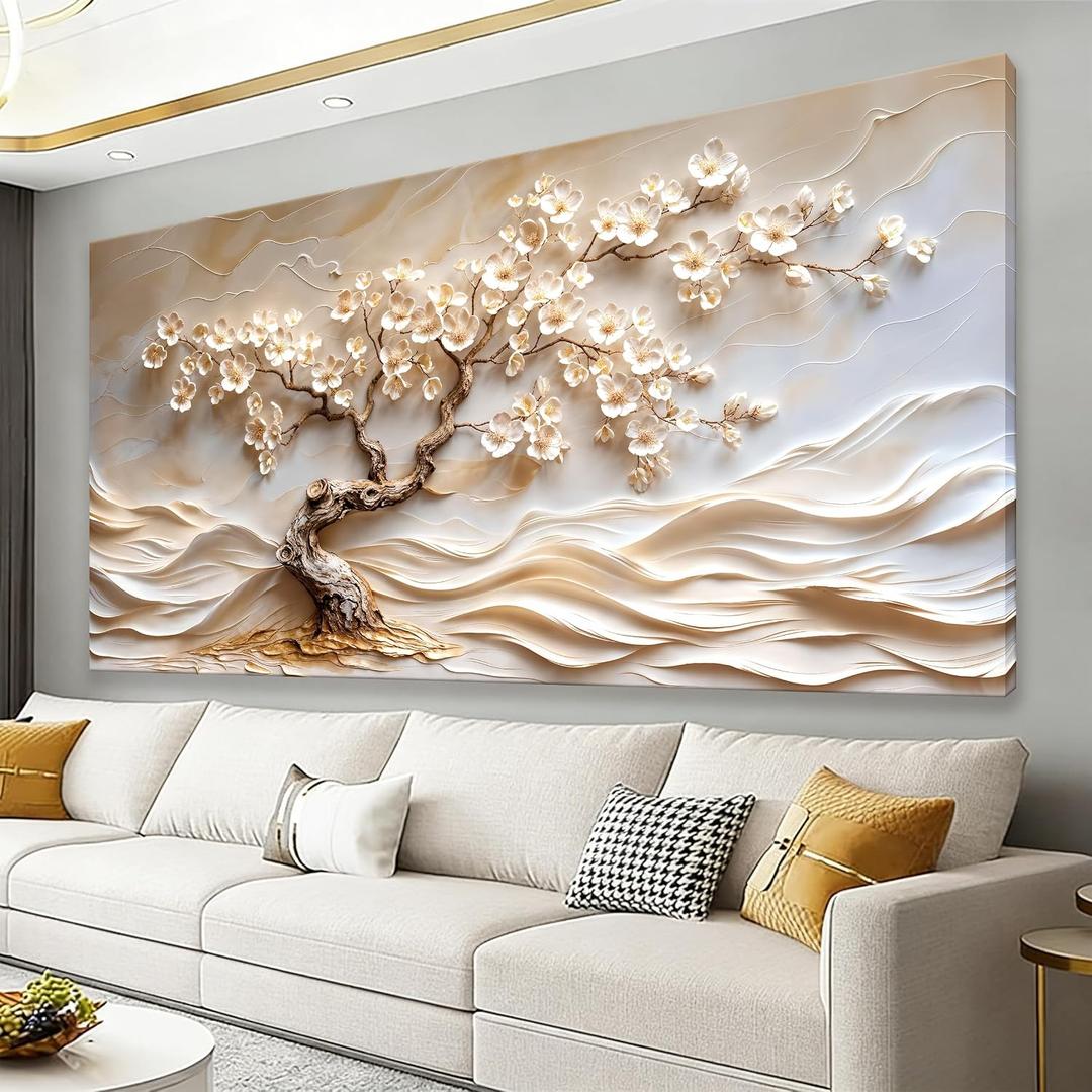 Large Abstract Canvas Wall Art Decor Beige Floral Tree Wall Decor 29" X 58"