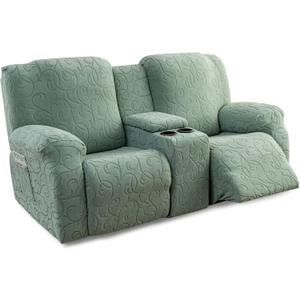 Recliner Loveseat Cover with Center Console, 2 Seater Jacquard Recliner Sofa Slipcover with Pockets Washable Stretch Reclining Couch Covers Furniture Protector Elastic Straps (Matcha Green)