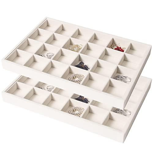 Coward 2PC Stackable 24 Gird Jewelry Organizer Tray Necklace Earring Box Storage Drawer Ring Bracelet Display Holder (Beige(24grid+24grid))