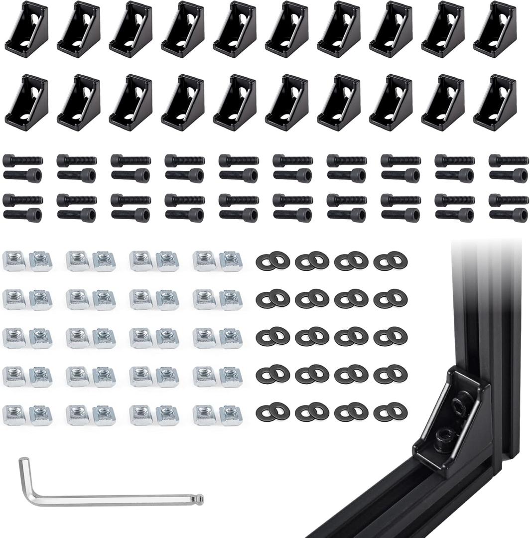 20 Sets Black 2020 Corner Bracket Kit for 2020 & 2040 Aluminum Extrusion - 20pcs 2028 Brackets, 40pcs M5 Sliding T-Nuts & Screws, 1 Ball-End Wrench  for 20 Series 6mm Slot Aluminium Profiles