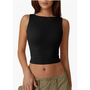 QINSEN Women's Sexy Open Back Sleeveless Crop Tank High Neck Slim Fit Cropped Tee Shirt Y2k Tops S
