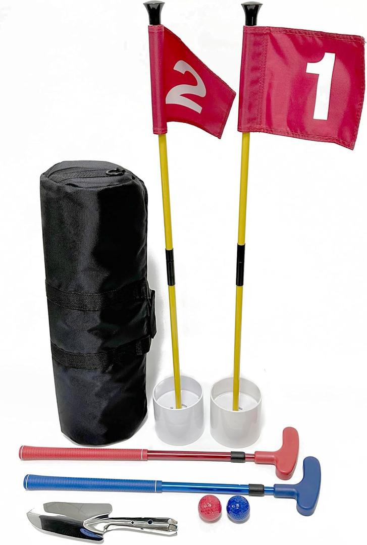 Mini Golf Course for Beach Backyard Putting Game, 2 Adjustable Putters, 2 Golf Flags & Putting Hole Cups, 2 Balls, 1 Digger and 1 Travel Bag, Large