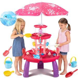 VROGTIK Water Table for Toddlers with Water Pump and Fishing Game Set 3-Tier Kids Sand Water Table with Umbrella Sensory Outdoor Toys for Kids Ages 3-8 Outside Toys Backyard Toddler Girl Toys