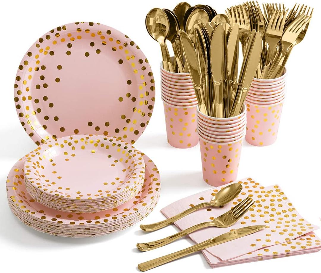 HOMIX Pink and Gold Party Supplies, Disposable 175Pcs Gold Dots on Pink Paper Plates Cups and Napkins, Gold Plastic Knives Spoons Forks for Baby Shower Wedding Party Bridal Shower Serves 25
