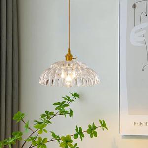 Clear Glass Pendant Light with Striped Shade, Adjustable Brass Vintage Hanging Light Fixture for Kitchen Island Sink Dining Room Ceiling Hallway Lighting