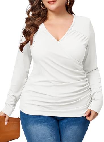 TAKEYAL Women Plus Size Wrap Tops Long Sleeve V Neck Ruched T-Shirt Sexy Casual Fall Trendy Tunic Top 2024 (White, 2XL)