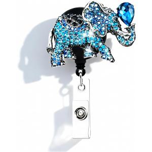Blue Bling Elephant Badge Reel, Retractable Badge Holder with Belt Clip, ID/Name Badge Clip for Women Nurse