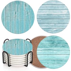 Britimes Coaster for Drinks Set of 6, Wooden Planks Blue Wood Paint Table Absorbent Round Ceramic Stone Mat, with Cork Base and Metal Holder, Gift for Housewarming Room Bar Decor