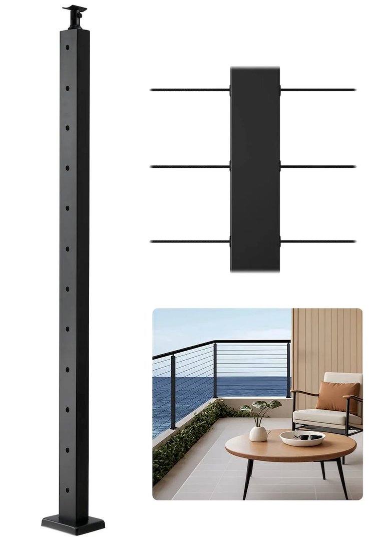 VEVOR 1 Pack Cable Railing Post, 42"x2"x2" Level Drilled Deck Railing Post, SUS304 Stainless Steel Black Cable Railing System Kit for Indoor Outdoor Deck Balcony