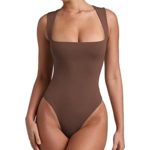 REORIA Butsmooth Womens Sexy Sleeveless Square Neck Double Lined Basic Bodysuit Tank Tops (Medium, Coffee)
