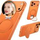 Magnetic Phone Case Stand with Mirror for MagSafe Universal Metal Adjustable Kickstand for iPhone 17/16/15/14 Pro Max Slim Phone Mirror for All Smartphone Used for Women Outdoor Makeup Orange