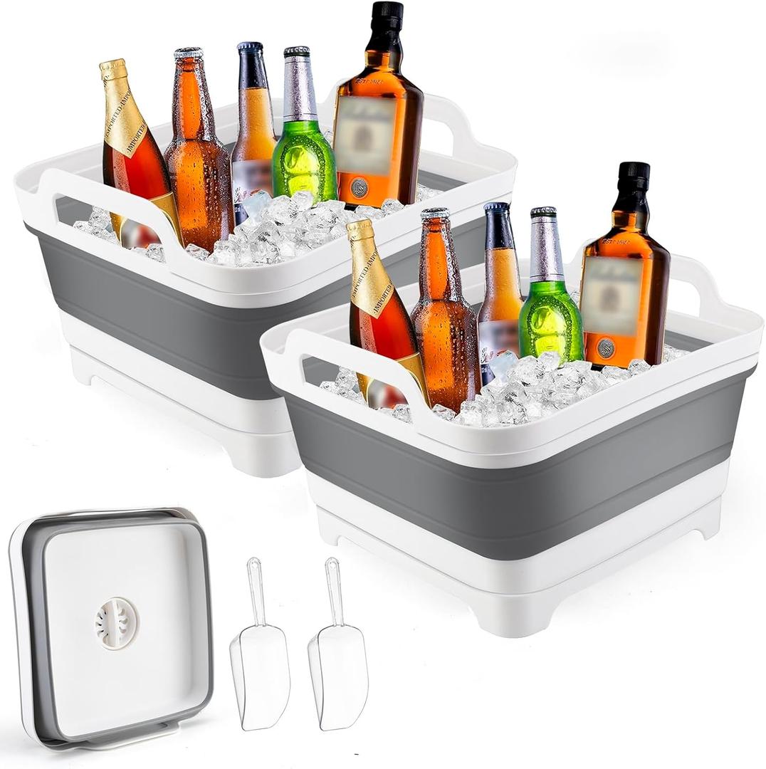 2Pcs Ice Bucket 8.5L Ice Buckets for Parties Collapsible Beverage Tub Large Plastic Drink Buckets Party Portable Foldable Cooler Tub with 2 Scoop for Champagne Beer Sparkling Wine Cocktails