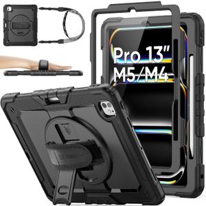 SEYMAC stock for iPad Pro 13 inch Protective Case M5 2025/M4 2024, Heavy Duty Case with Screen Protector, Pencil Holder, Rotating Stand, Hand Strap, Shoulder Strap, Black