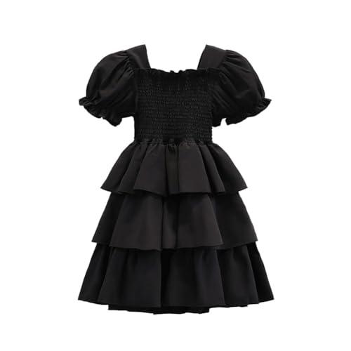 EIAY Shop Girls Floral Casual Dress Puff Sleeve Plaid Smocked Dresses Square Neck for 7-12 Years Black M