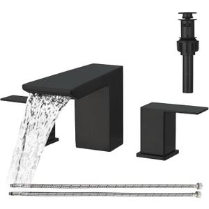 BESy Matte Black Bathroom Faucet 3 Holes Two Handles Vanity Widespread 8 Inch Bathroom Sink Faucet, Waterfall Bathroom Sink Faucet with cUPC Supply Hoses, Pop Up Drain, Stainless Steel