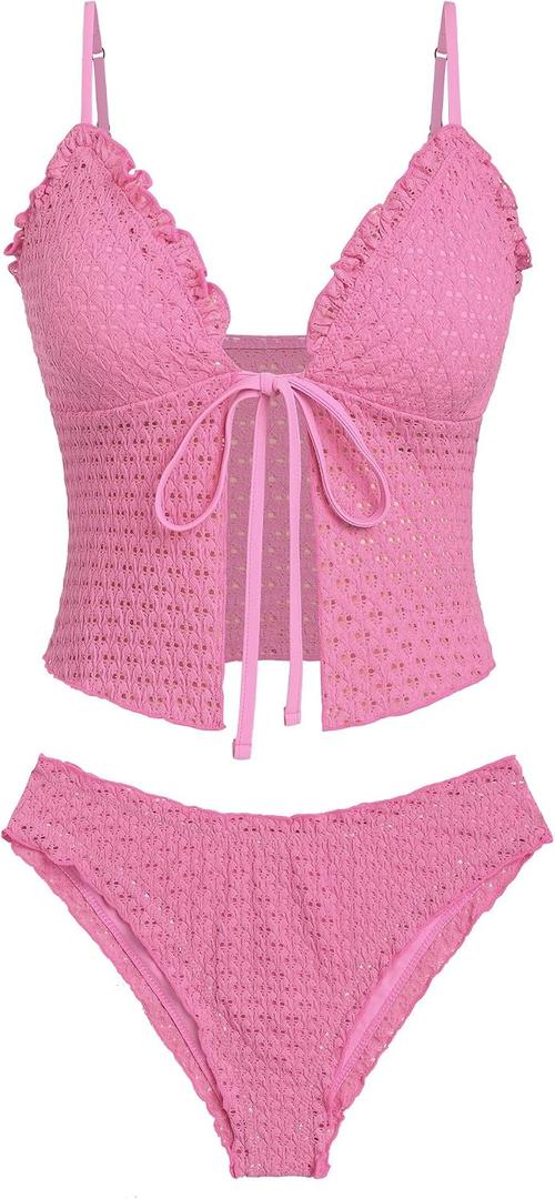 seamoly Women's Tankini Sets Tie Front Ruffle Bikini Set High Cut Thong Two Piece Swimsuit Floral Gingham Bathing Suit, L