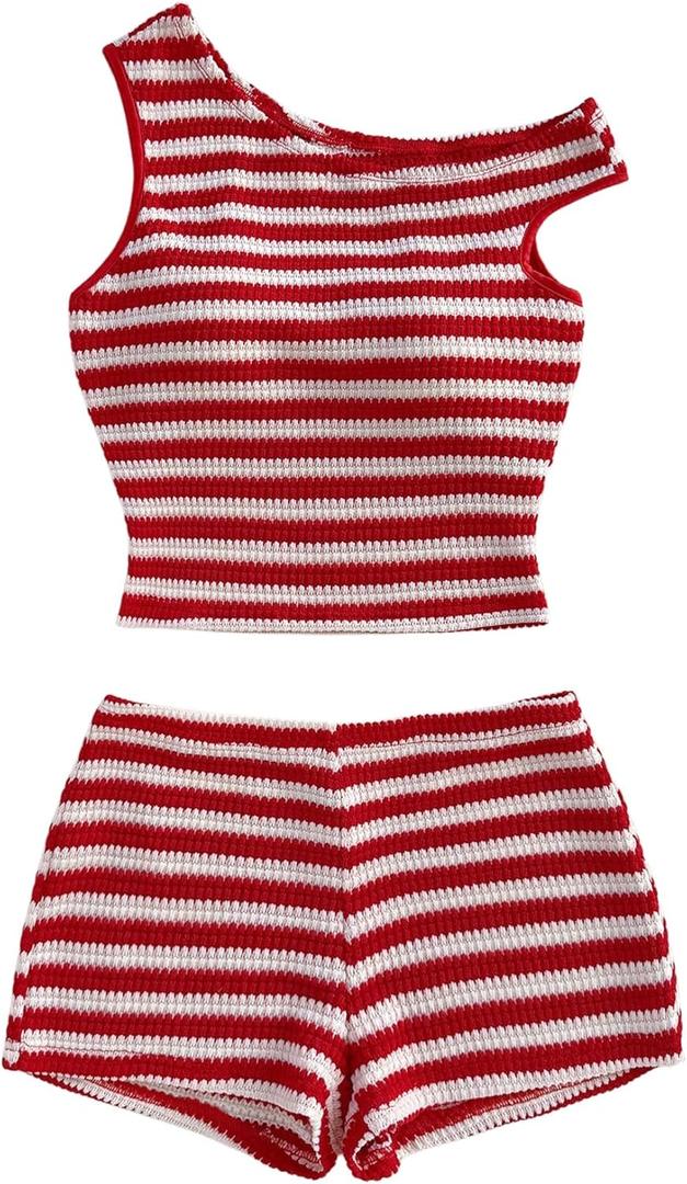SOLY HUX Women's 2 Piece Striped Off The Shoulder Crop Tops and Mini Shorts Set Summer Y2K Going Out Outfits, Size Small