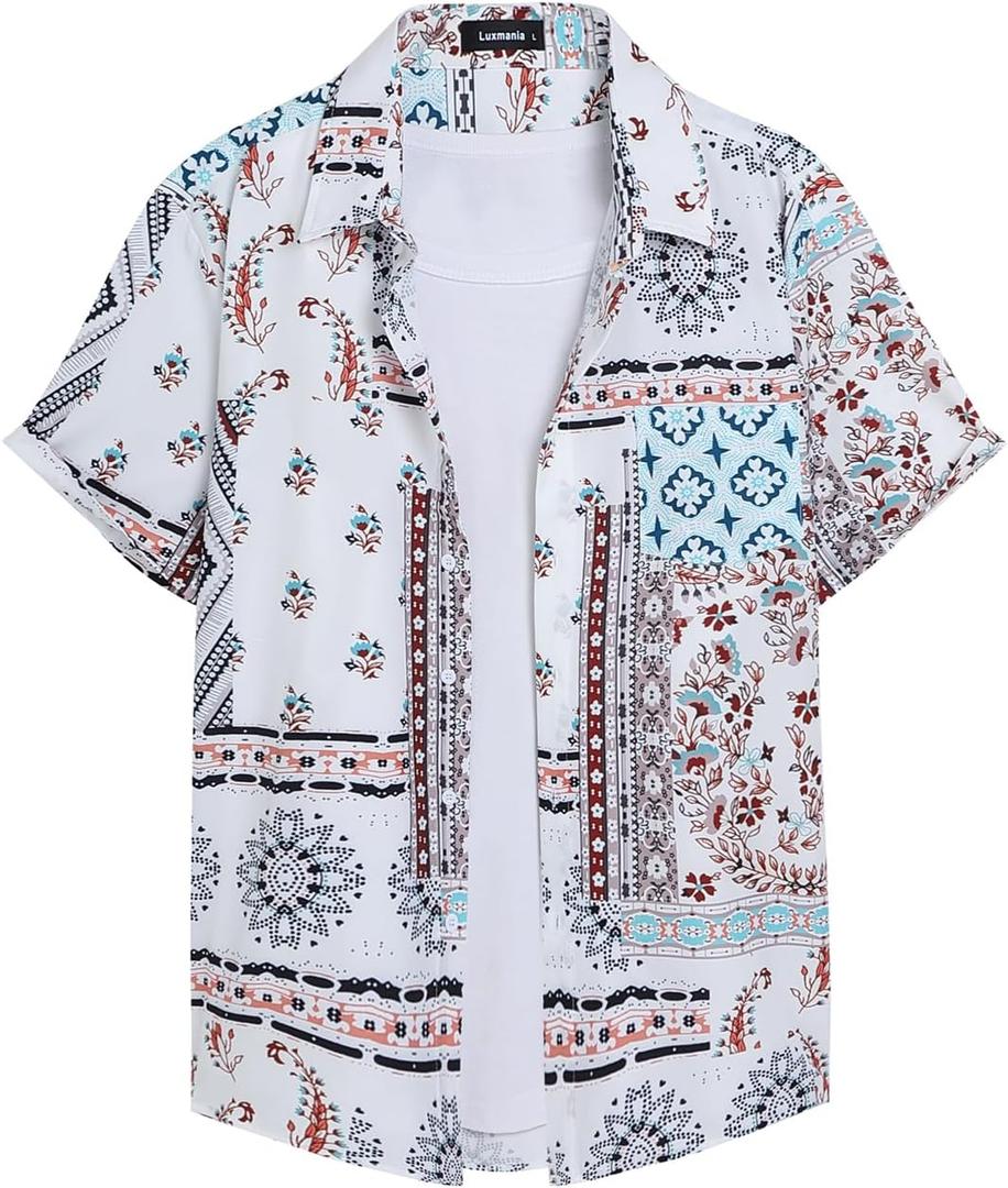 Men's Hawaiian Shirt Casual Short Sleeve Button Down Shirt Coconut Print Summer Beach Shirt with Pocket, XL