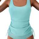 B2prity Tummy Control Tankini Swimsuit for Women Ruched Two Piece Bathing Suit Drawstring Swimwear with Bottom, Sky Blue, L