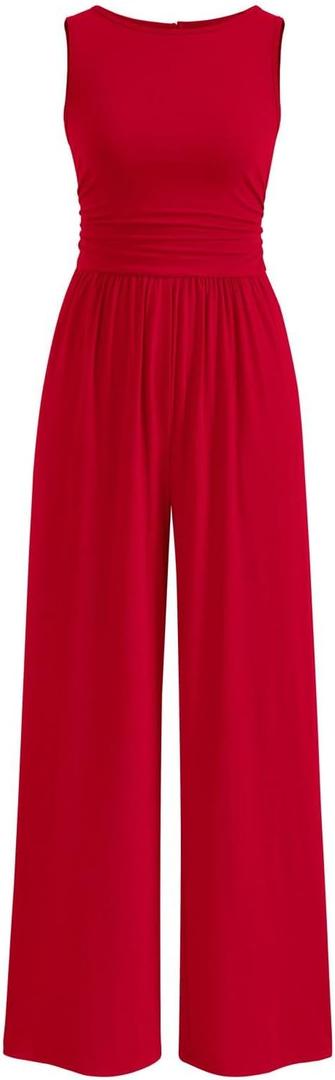 PRETTYGARDEN One Piece Jumpsuits for Women Dressy Casual Sleeveless Crewneck Wide Leg Rompers Jumpers Vacation Summer Outfits (Small, Red)