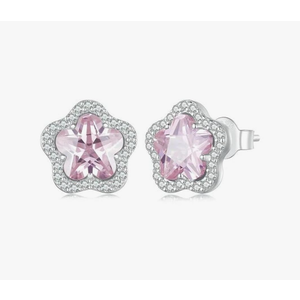 925 Sterling Silver Small Flower Necklace Opening Ring Earrings Set Flower Transparent Glass For Women Jewelry SSS-0424-WO-48