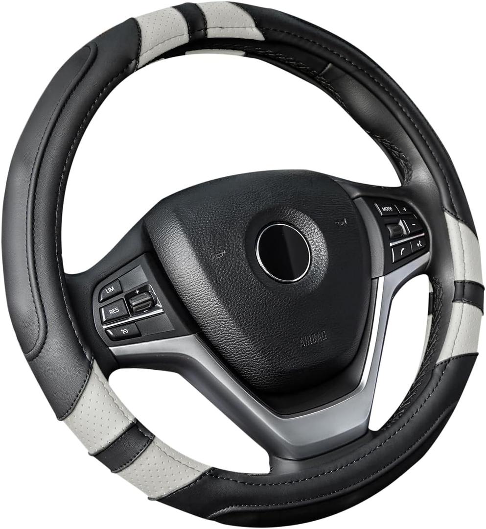 Achiou Gray Car Steering Wheel Cover Universal 15 inch with Grip Contours, Leather Auto for Men and Women Non-Slip Breathable Soft and Comfortable