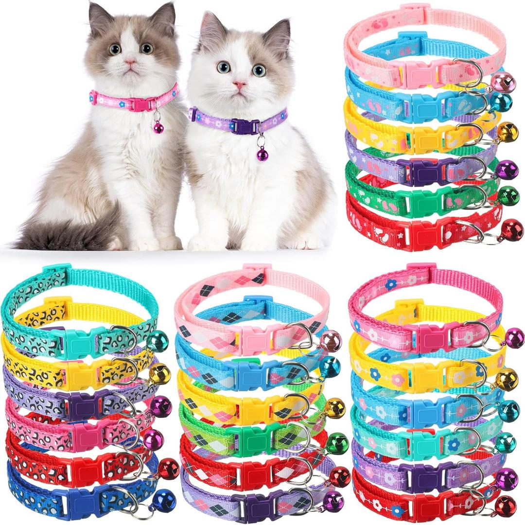Yunsailing 24 Pcs Cat Collars with Bells for Litter Cat Puppy Soft Nylon Whelping Adjustable Reflective Kitten Collars for Newborn Pets Dogs Kitten, Assorted Colors(Cute Pattern)