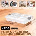 4 PCS*37 Qt Wheeled Latching Under Bed Storage, Stackable Bin with Latch Lid, Plastic Container to Organize Shoes Underbed, Clear with White Lid(White)