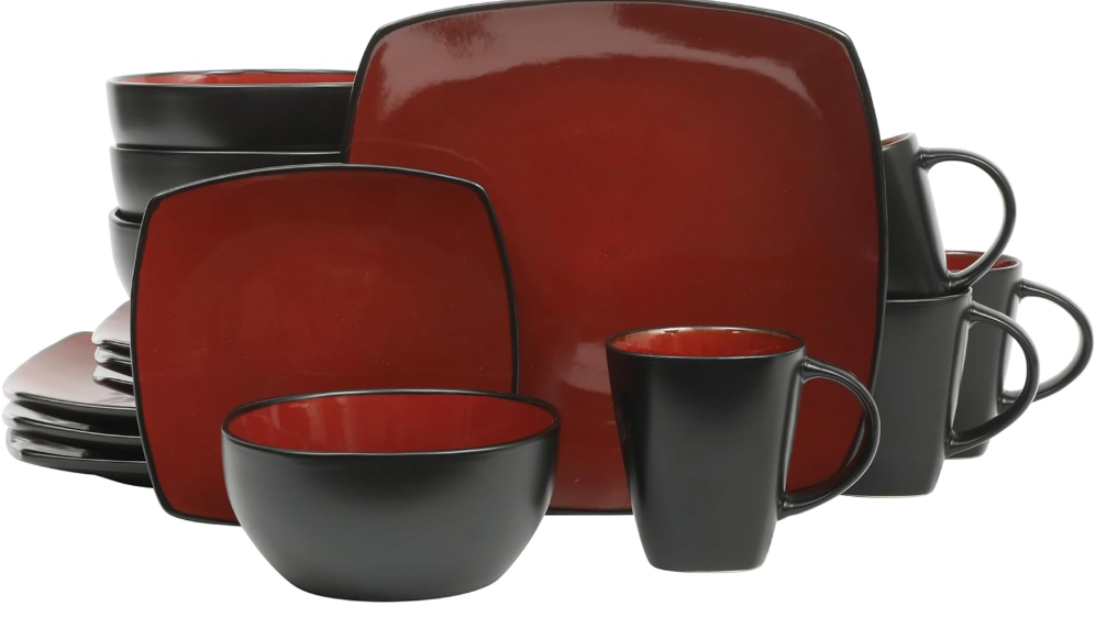 Gibson Elite Soho Lounge Square 16-Piece Dinnerware Set, Service for 4, Reactive Glaze Stoneware Plates and Bowls, Modern Dishes, Microwave & Dishwasher Safe – Red and Black