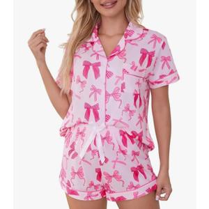Beutyest Women's Bow Pajamas 2 Piece Cute Pajama Sets Button Down Pjs Top and Shorts Lounge Sets XL